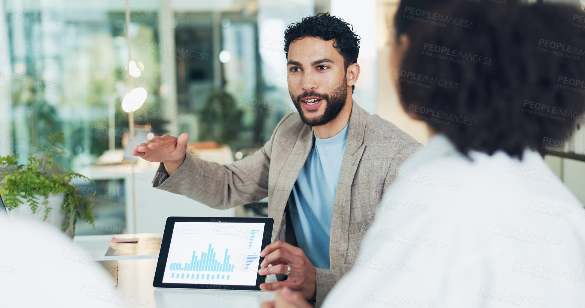 Buy stock photo Meeting, business man and tablet screen with chart for financial stats, kpi or stock market. Team, tech and people with graphs for investment planning, risk management or trading discussion in office