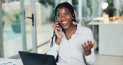 Buy stock photo Phone call, happy and business black woman in office for contact, finance advice and networking. Professional, investor and person on smartphone for conversation, negotiation or talking for deal