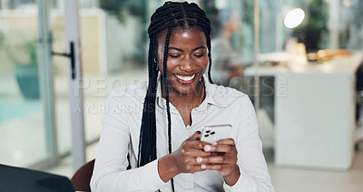Buy stock photo Business, smile and black woman in office, cellphone and message to contact, trading and typing. African person, investor or employee with smartphone, app and email for stock market and website info