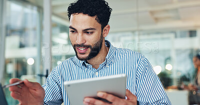 Buy stock photo Business, man and reading with tablet in office for research, email editor and proofreading. Male journalist, tech and editing online with article feedback, update draft and publication submission