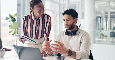 Buy stock photo Corporate, people and talk with laptop in call centre for training, customer support and crm advice. Staff, team and explain with tech for client compliant, coaching intern and assistance for telecom