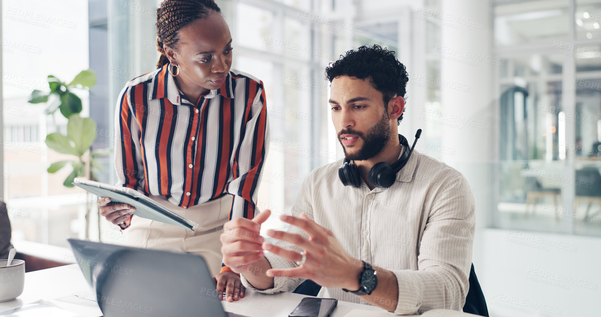 Buy stock photo Corporate, people and talk with laptop in call centre for training, customer support and crm advice. Staff, team and explain with tech for client compliant, coaching intern and assistance for telecom