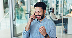 Happy, businessman and winning with phone call in office for promotion, bonus or good news. Excited, man or employee with smile, fist pump or mobile smartphone for business success or salary increase