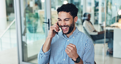 Buy stock photo Happy, businessman and winning with phone call in office for promotion, bonus or good news. Excited, man or employee with smile, fist pump or mobile smartphone for business success or salary increase