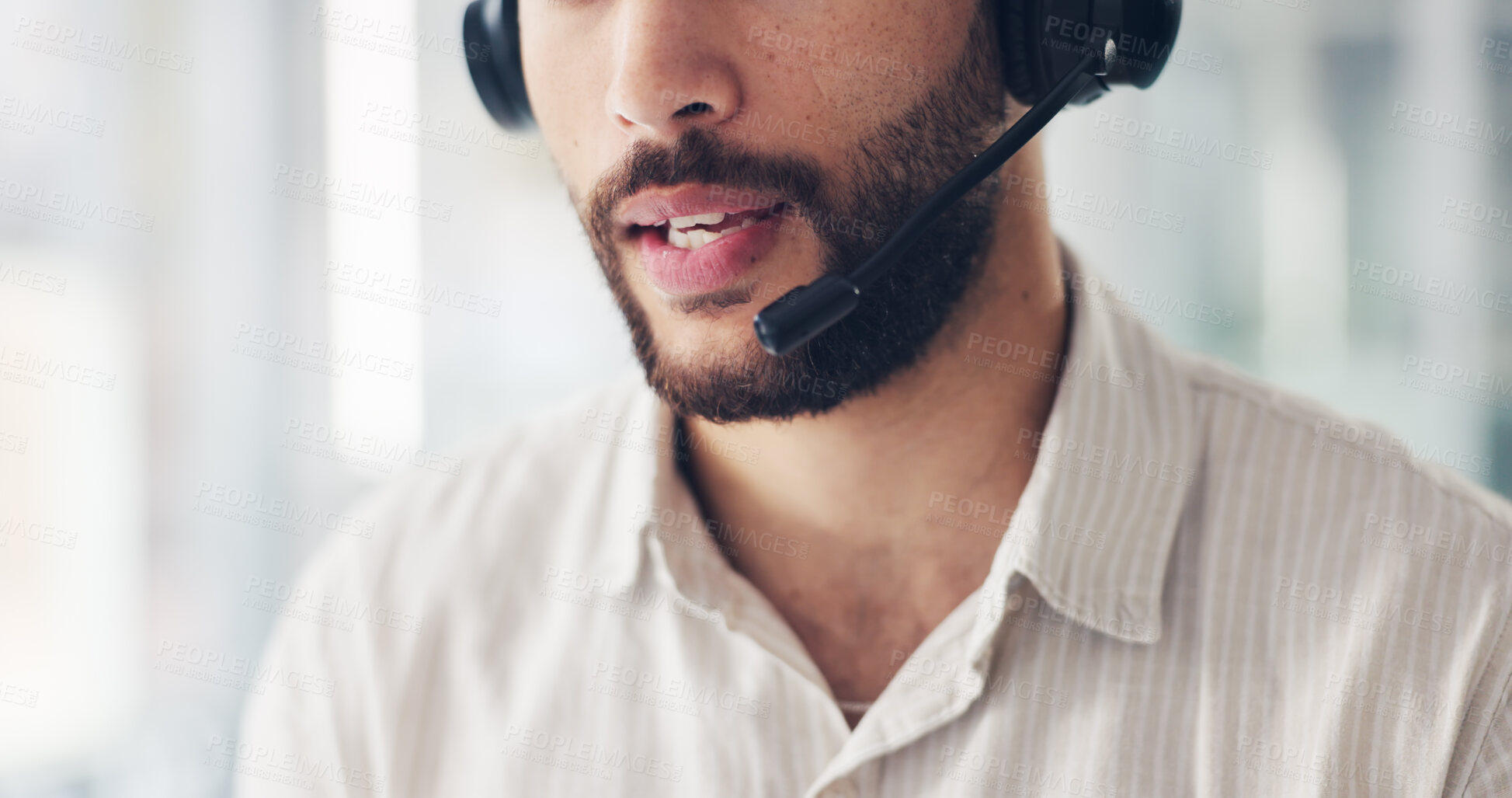Buy stock photo Businessman, mouth and consultant with headset in call center for customer service or online advice. Man, agent and talking with mic for virtual assistance, CRM help or communication in workplace