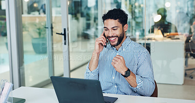 Buy stock photo Happy, businessman or winning with phone call or laptop for promotion, bonus or good news in office. Excited man, employee or winner with smile, fist pump or mobile smartphone for business success