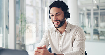 Buy stock photo Laptop, smile and man in call center for technical support, feedback or troubleshooting. Computer, contact us and happy agent in workplace for software assistance, customer service and crm for IT