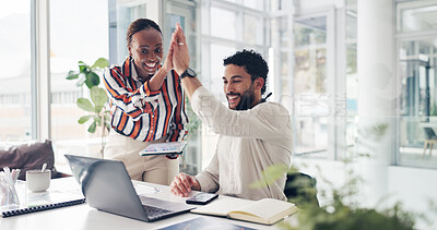 Buy stock photo Man, woman and high five with celebration, laptop and team for results, tablet or goal at media company. Business people, motivation and excited for achievement, cheers or success at creative agency