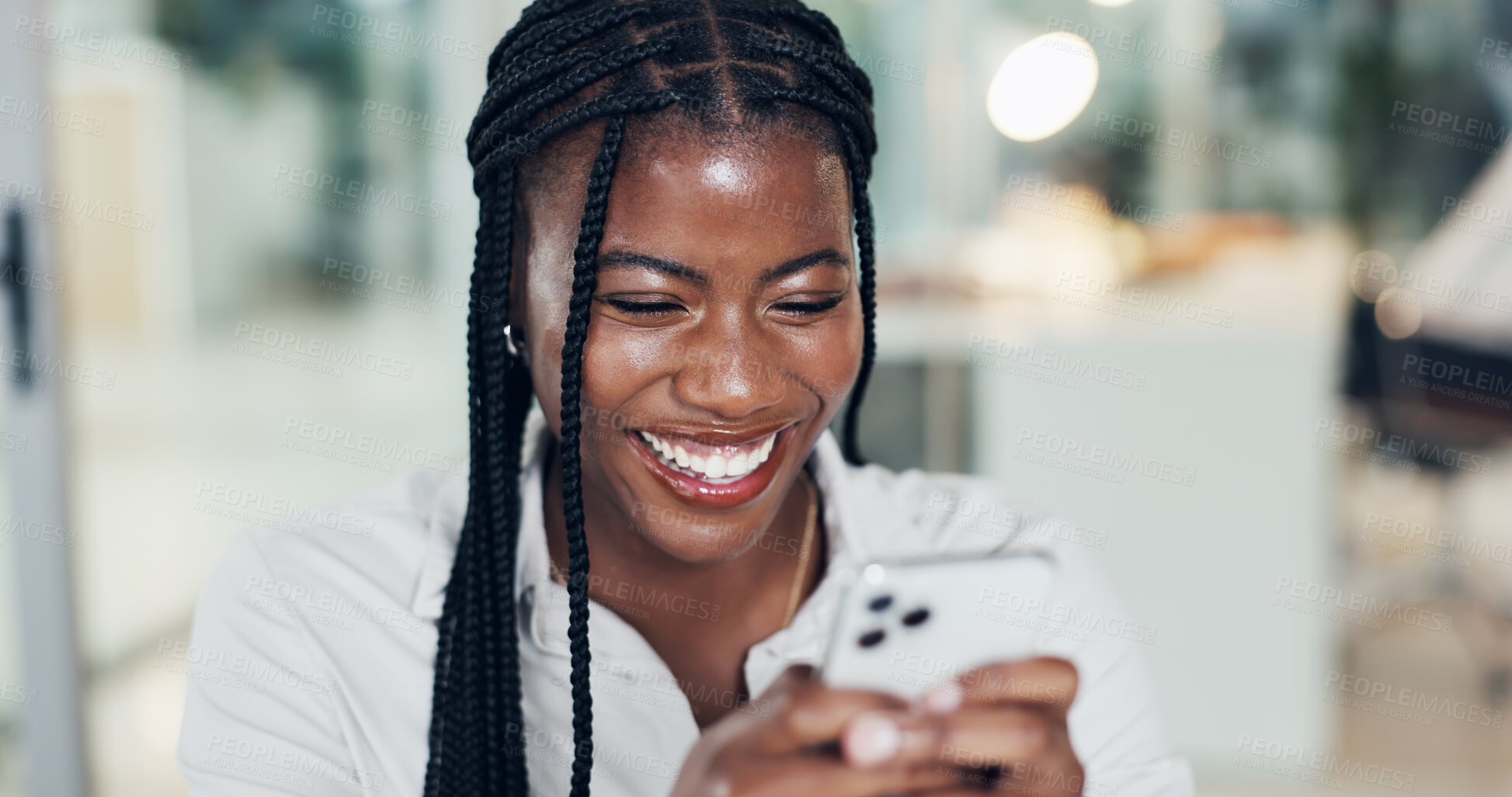 Buy stock photo Happy, woman and texting with smartphone, office and communication with contact on break and online. Laughing, employee and black person with mobile for message, typing and networking on social media