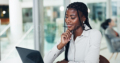 Buy stock photo Reading, business woman and laptop for planning, message proposal or online research in office. Feedback, female person and tech in workplace for networking, brainstorming or information with bokeh