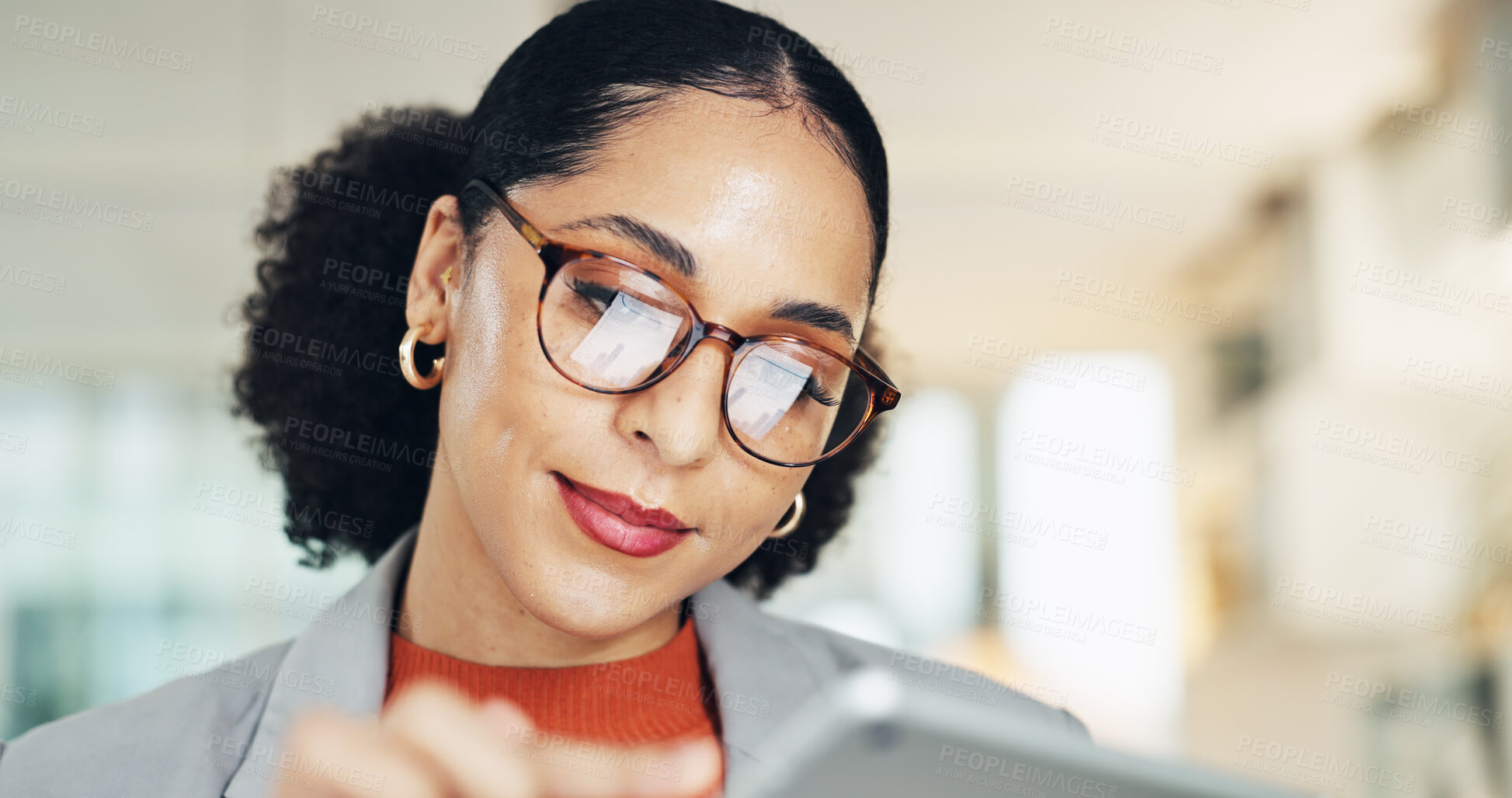 Buy stock photo Creative, woman and reading with tablet in office for research, email editor and proofreading. Journalist, glasses and digital reflection for article feedback, update draft and publication submission