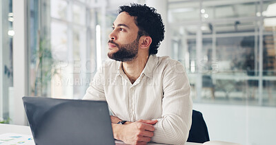 Buy stock photo Businessman, laptop and thinking with decision in office for business vision, idea or ambition. Thoughtful, man or employee contemplating with computer for company improvement or career opportunity
