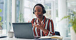 Telemarketing, video call and woman with laptop, office and communication with headset or discussion. Virtual meeting, agent and black person with mic for sales, lead generation and customer service