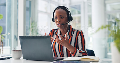 Buy stock photo Telemarketing, video call and woman with laptop, office and communication with headset or discussion. Virtual meeting, agent and black person with mic for sales, lead generation and customer service