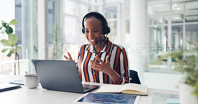 Buy stock photo Happy, telemarketer and woman with laptop, call center or communication with headset and discussion. Talking, agent and black person with mic for telemarketing, lead generation and customer service
