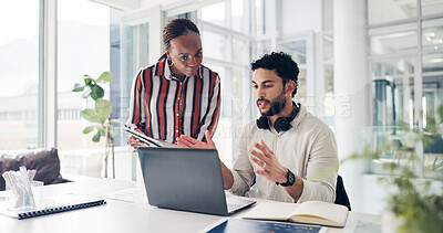 Buy stock photo Man, woman and discussion with laptop at startup, documents and review proposal at media company. People, team and computer with paperwork, writer and collaboration with feedback at creative agency