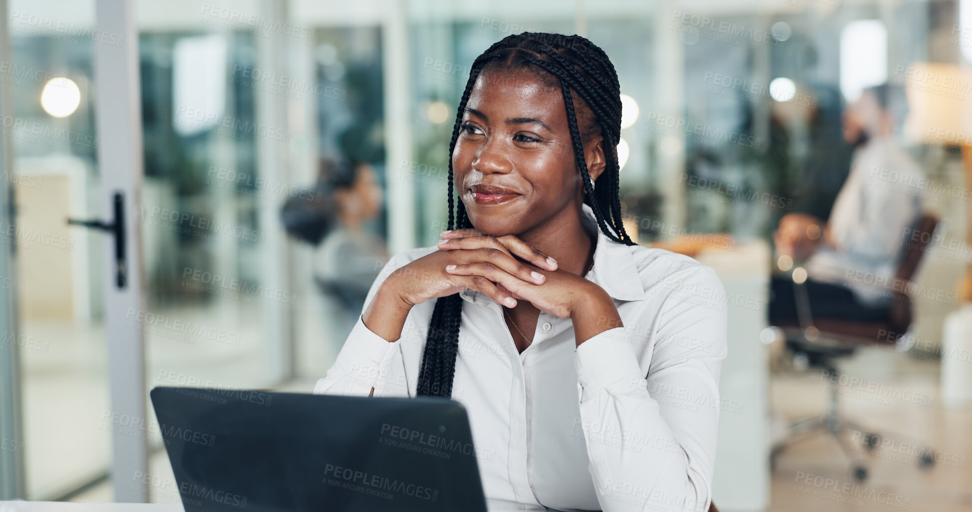 Buy stock photo Thinking, business woman and laptop for planning, message proposal or online research in office. Idea feedback, female person and tech in workplace for networking, brainstorming or web information