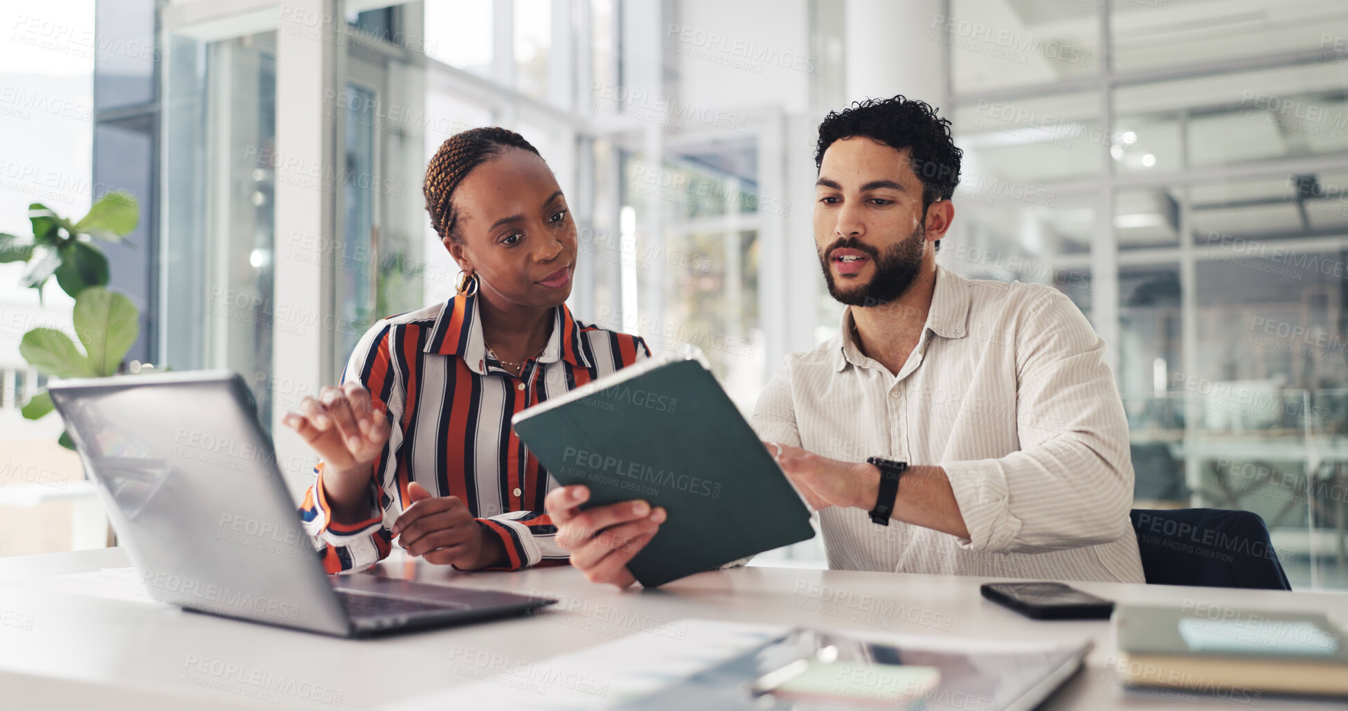 Buy stock photo Review, team or people in office with tablet, collaboration or market research for brand image. Discussion, feedback or analyst in agency with laptop, planning or partnership for business identity.