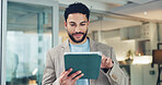 Tablet, reading and businessman in office with research for development of banking app for company. Digital technology, professional and male fintech engineer with investment platform in workplace.
