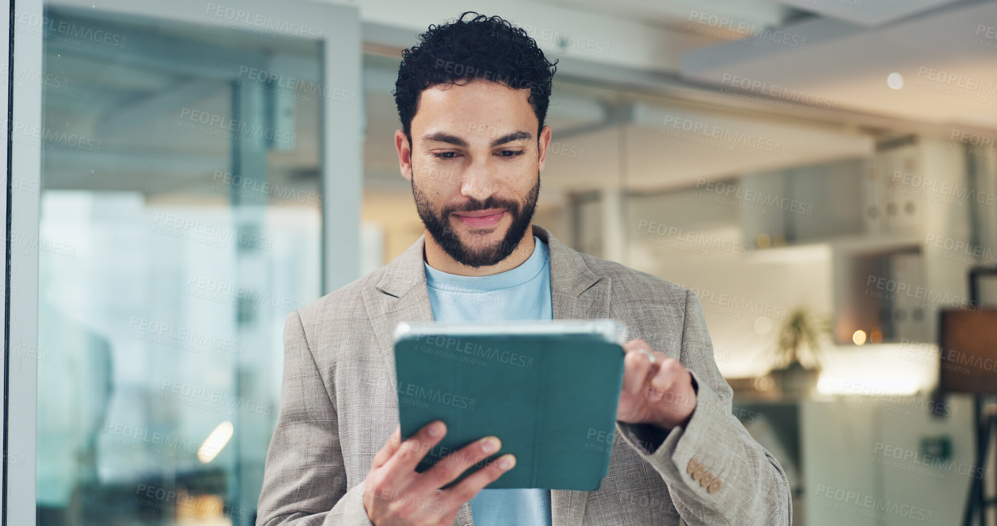 Buy stock photo Tablet, reading and businessman in office with research for development of banking app for company. Digital technology, professional and male fintech engineer with investment platform in workplace.