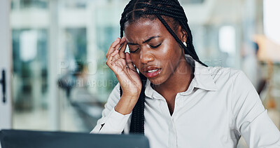 Buy stock photo Frustrated woman, headache and laptop with stress for mistake, pressure or strain in office. Tired, female person or employee with migraine, ache or pain for fatigue, anxiety or burnout in workplace