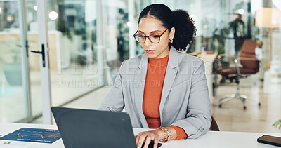 Buy stock photo Business, internet and woman in office, laptop and email for investment deal, website info and connection. Person, employee and investor in workplace, computer and stock market exchange with trading