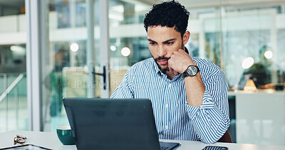 Buy stock photo Thinking, laptop and business man reading report, regulation evaluation or planning project. Computer, office and serious advisor with idea in workplace, problem solving or review compliance proposal