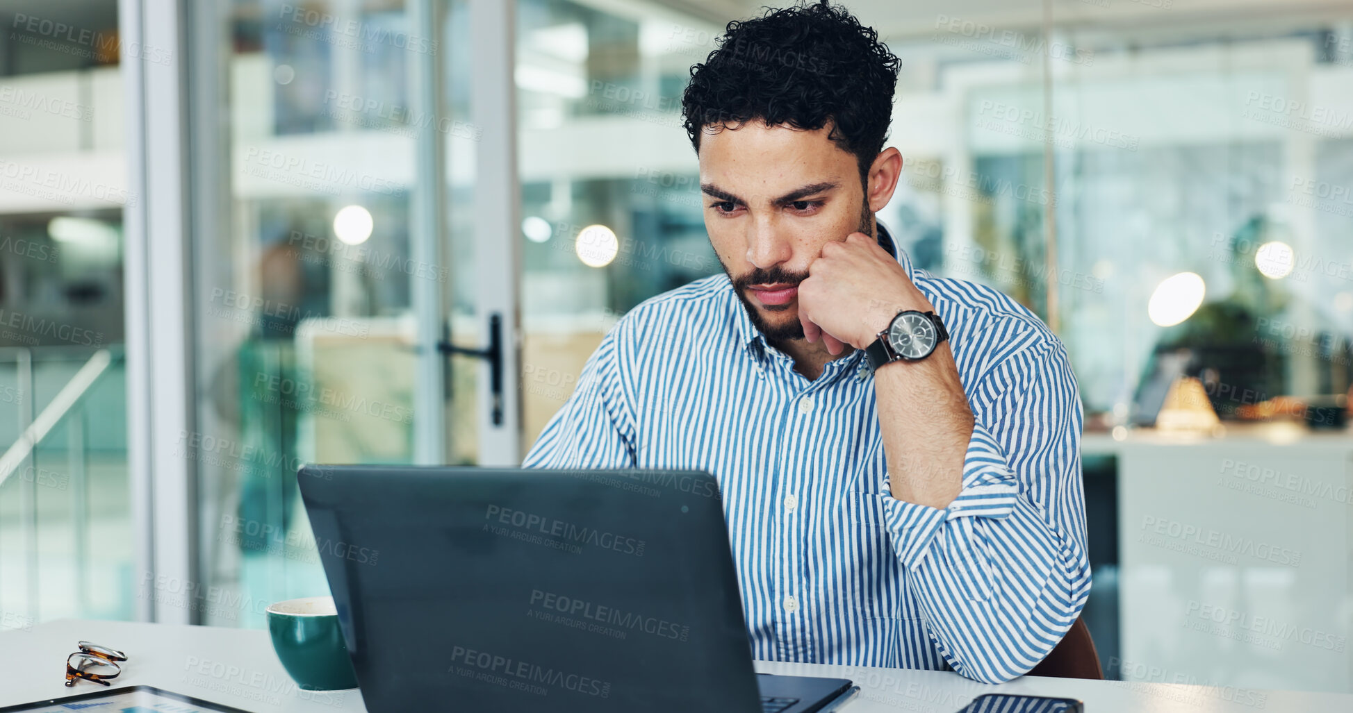 Buy stock photo Thinking, laptop and business man reading report, regulation evaluation or planning project. Computer, office and serious advisor with idea in workplace, problem solving or review compliance proposal