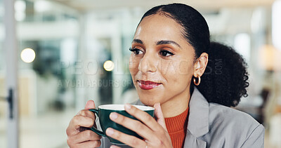 Buy stock photo Business, woman and coffee with thinking in office for morning start, project inspiration or story ideas. Space, journalist and beverage with reflection at agency for article insight and productivity