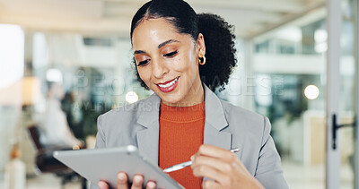 Buy stock photo Creative, happy and business woman on tablet for online project, proofreading and article review. Publishing, office and person on digital tech with stylus for research, planning and editing report