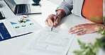 Pen, contract and hands of person with signature in office for graphs, legal documents or title deed. Paperwork, agreement and woman with registration, sign up or application for insurance loan