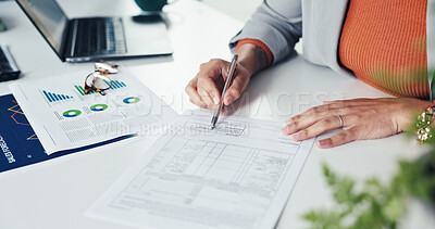 Buy stock photo Pen, contract and hands of person with signature in office for graphs, legal documents or title deed. Paperwork, agreement and woman with registration, sign up or application for insurance loan