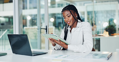 Buy stock photo Business, black woman and reading with tablet in office for research, finance report and schedule. Smile, female person and tech for audit, financial results and budget review for investment proposal