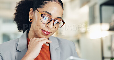 Buy stock photo Thinking, reading and business woman with technology, regulation metrics or planning project. Office, glasses and advisor with idea in workplace, reflection and review compliance chart with data