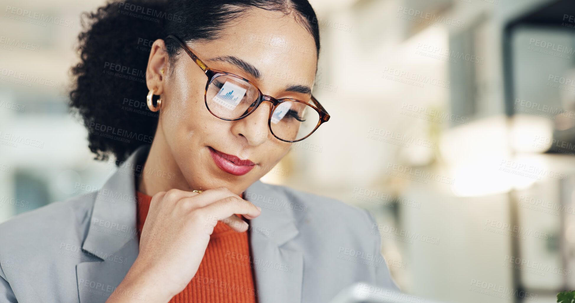 Buy stock photo Thinking, reading and business woman with technology, regulation metrics or planning project. Office, glasses and advisor with idea in workplace, reflection and review compliance chart with data