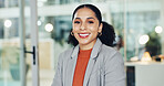 Portrait, business and woman with smile in office for career pride, about us and accountant. Happy, female person and confident with ambition, financial consultant and asset management of company