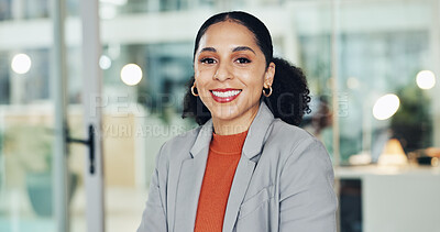 Buy stock photo Portrait, business and woman with smile in office for career pride, about us and accountant. Happy, female person and confident with ambition, financial consultant and asset management of company
