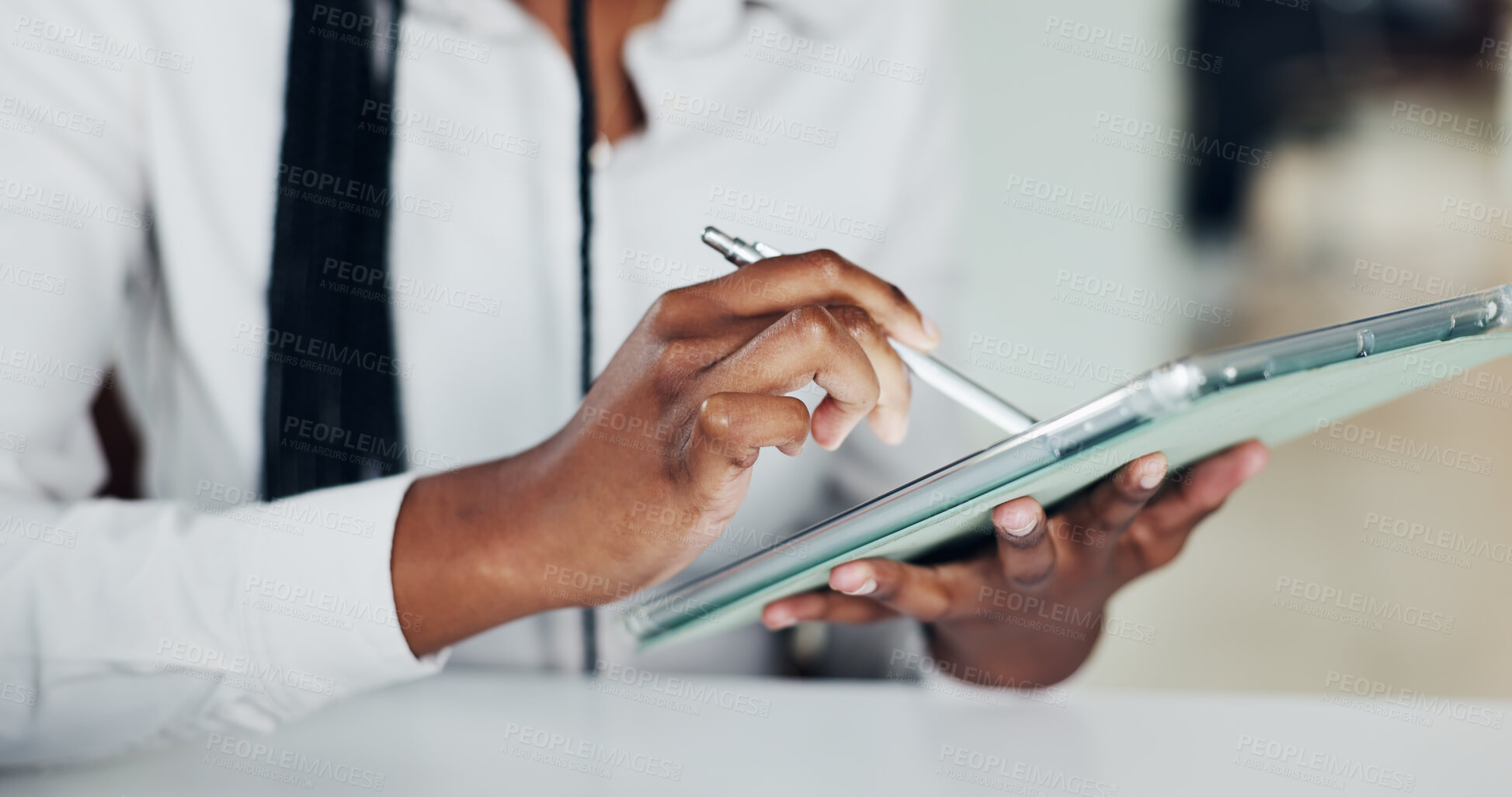 Buy stock photo Tablet, stylus and hands of business woman in office for planning, web designer and agenda. Creative report, project and proposal with person in startup agency for layout research and feedback