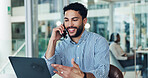 Phone call, laptop and businessman in office for talking, finance advice and networking with client. Professional, investor and person on smartphone for conversation, negotiation or investment deal
