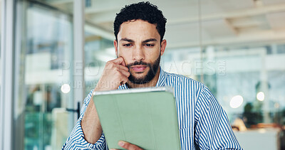 Buy stock photo Thinking, tablet and businessman reading in office, regulation evaluation or planning project. Tech, report and serious advisor with idea in workplace, problem solving or review compliance proposal