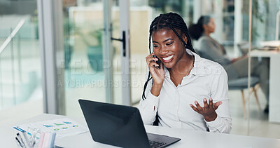 Buy stock photo Phone call, laptop and business woman in office for contact, finance advice or client networking. Corporate, investor and happy person on smartphone for conversation, negotiation or talking for deal