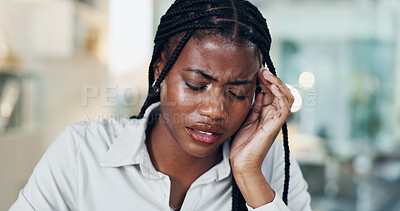 Buy stock photo Business, headache and black woman in office, pain and financial agency with stress, tired or tension. African person, investor or employee in workplace, migraine or exhausted with burnout or anxiety