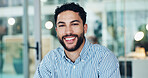 Business, man and portrait with smile in office for journalism career, news reporting and bokeh. Journalist, employee and happy at publishing agency for creative opportunity, about us pride or intern