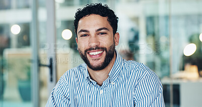 Buy stock photo Business, man and portrait with smile in office for journalism career, news reporting and bokeh. Journalist, employee and happy at publishing agency for creative opportunity, about us pride or intern