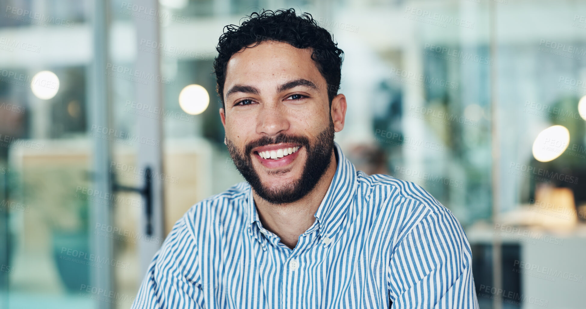 Buy stock photo Business, man and portrait with smile in office for journalism career, news reporting and bokeh. Journalist, employee and happy at publishing agency for creative opportunity, about us pride or intern