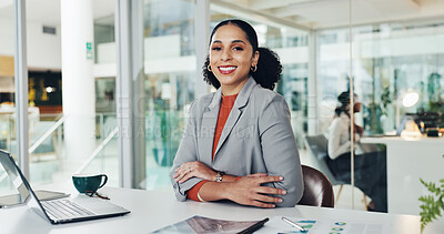 Buy stock photo Portrait, business and woman with laptop in office for career pride, about us and accounting job. Smile, female person and confident with pc, financial report and budget review of investment proposal