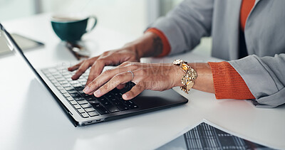 Buy stock photo Hands, typing and laptop at startup, report and project management in office at media company. Person, writer or editor with pc, article or review story for publishing in workplace at creative agency