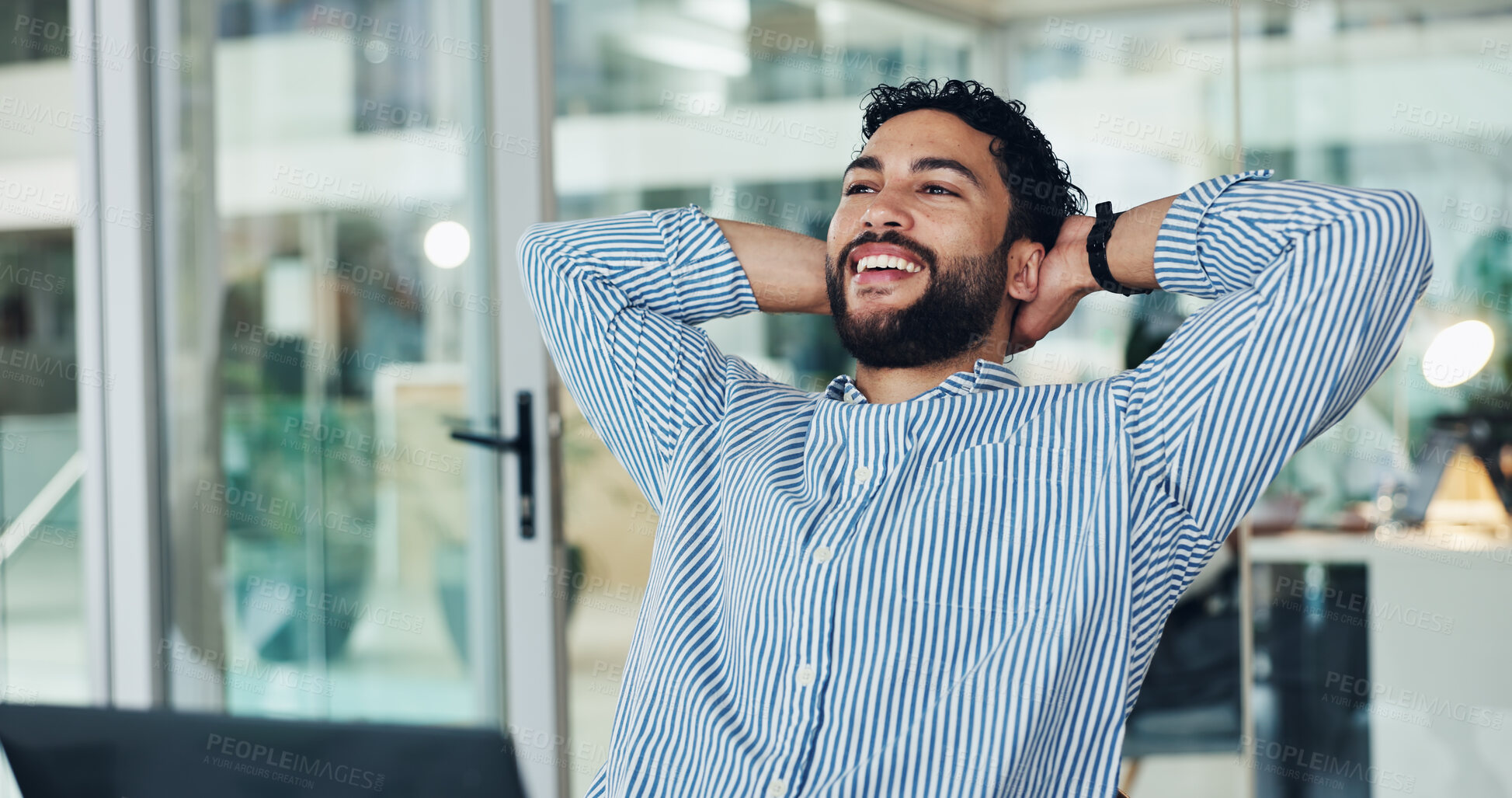 Buy stock photo Relax, businessman and stretching in office for completion, finished task or project for positive attitude. Happiness, productivity and financial advisor with smile for done proposal, laptop or break