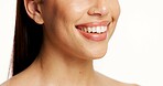 Mouth, smile and dental wellness in studio with teeth whitening results on white background. Woman, happy and confidence with self care for oral hygiene, transformation and benefits with beauty