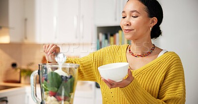 Buy stock photo Kitchen, fruit and woman with blender for smoothie in morning for healthy drink, diet and detox. Home, protein shake and person with ingredients, yogurt and food for nutrition, wellness and vitamins